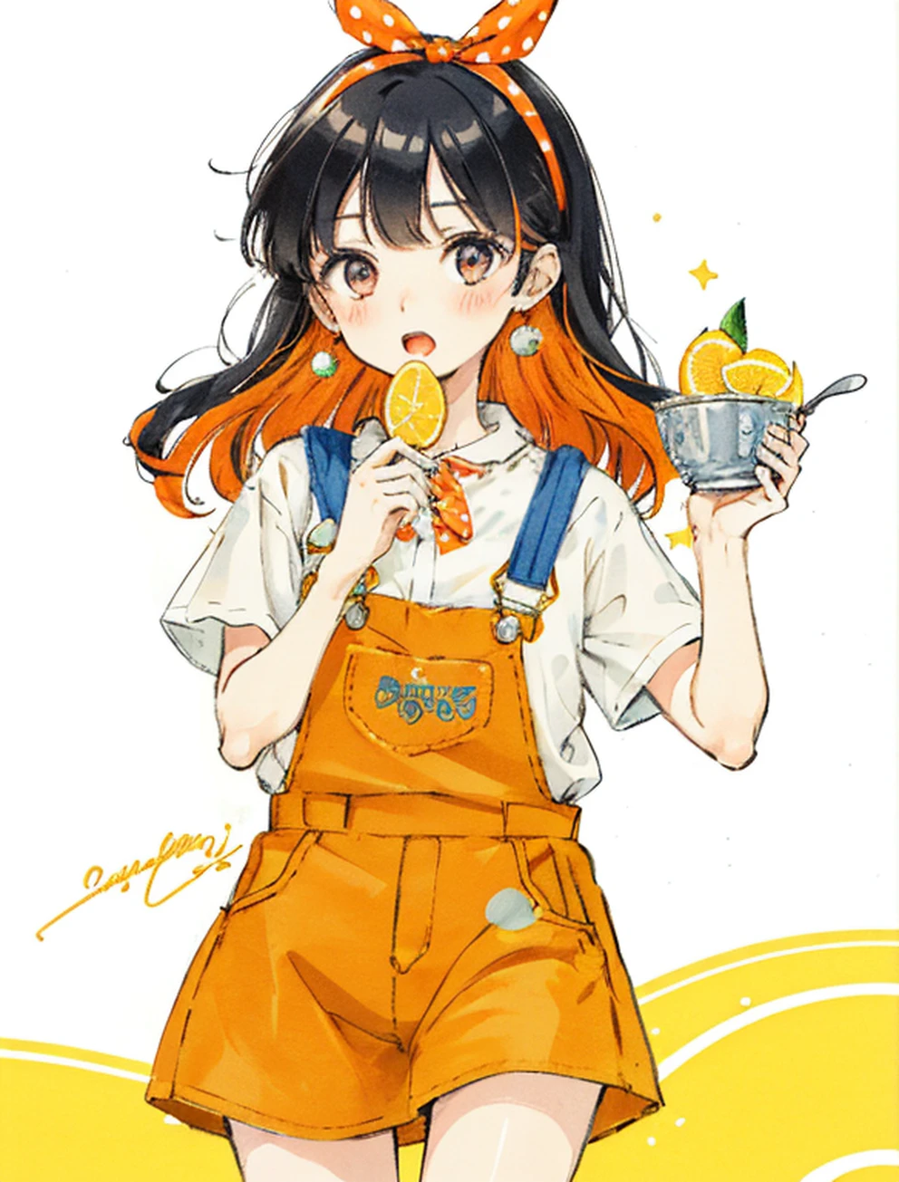 shouhui, 1girl, bangs, black hair, blue skirt, blush, bow, brown eyes, cowboy shot, cup, drink, drinking glass, drinking straw, earrings, flower, food, hair bow, holding, holding cup, ice, jewelry, lemon, lemon slice, long hair, looking at viewer, orange slice, overalls, patterned clothing, polka dot, polka dot bikini, polka dot bow, polka dot dress, polka dot legwear, polka dot ribbon, polka dot shirt, polka dot skirt, polka dot swimsuit, print skirt, shirt, short sleeves, simple background, skirt, solo, spoon, suspenders, unmoving pattern, white background, white flower, white shirt, open mouth, ribbon, hair ribbon, multicolored hair, hairband, signature, orange hair, :o, two-tone hair, orange eyes, hands up, fruit, leaf, holding food, denim, colored inner hair, multicolored eyes, ice cream, shirt tucked in, print shirt, holding spoon, orange \(fruit\), orange ribbon, orange theme, food-themed earrings