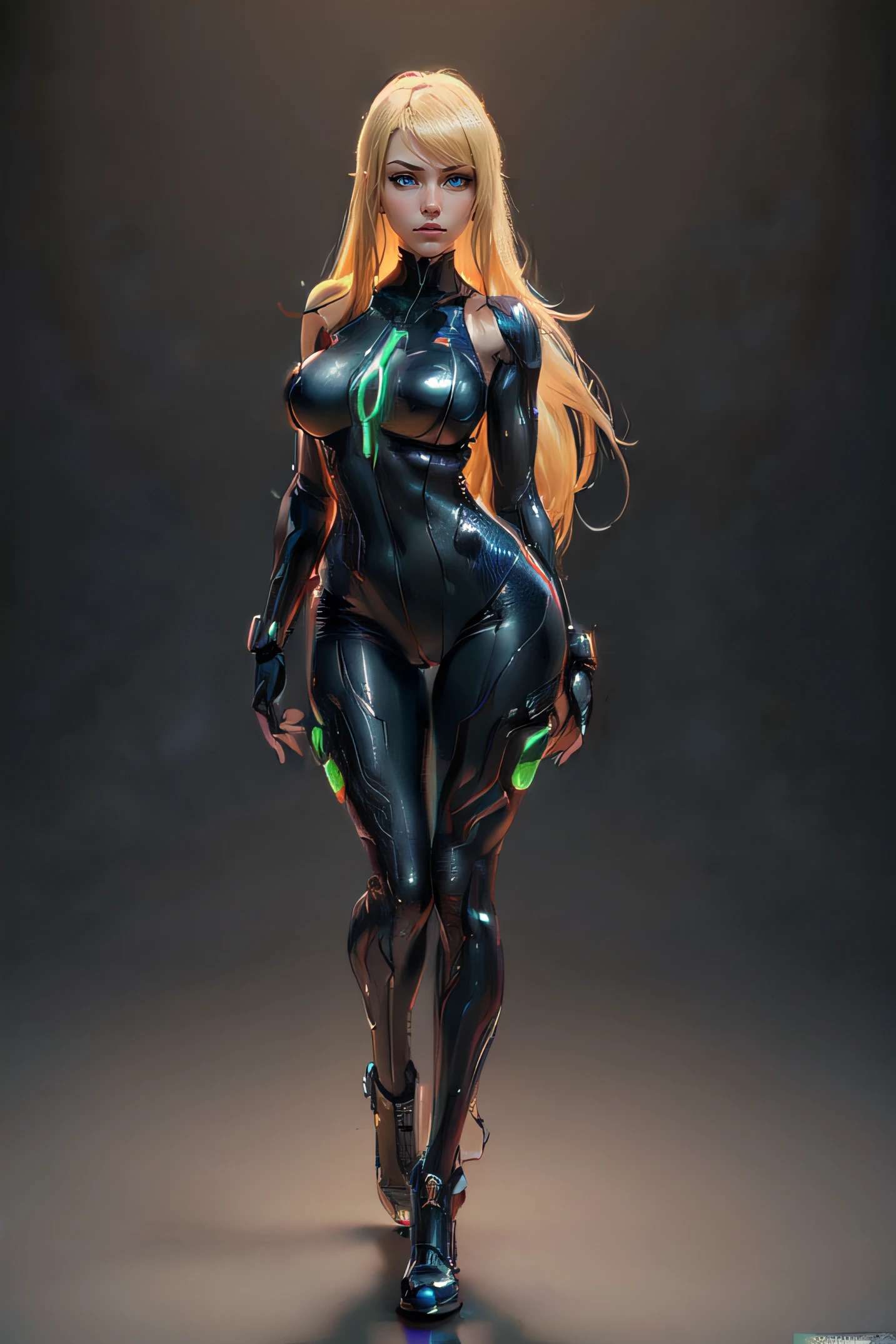 "Samus Aran, avec un visage très détaillé, donner un look séduisant et captivant, En regardant directement la caméra, mettant en valeur des yeux bleus expressifs."