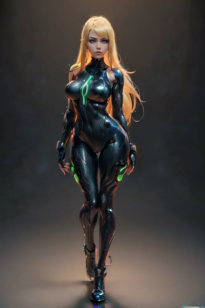 "Samus Aran, with a highly detailed face, giving a seductive and captivating look, directly looking at the camera, showcasing ex...