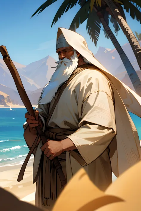 a man holding a wooden staff with a serene look on his face, sharp features, long white beard, long hair, desert scenery, some c...