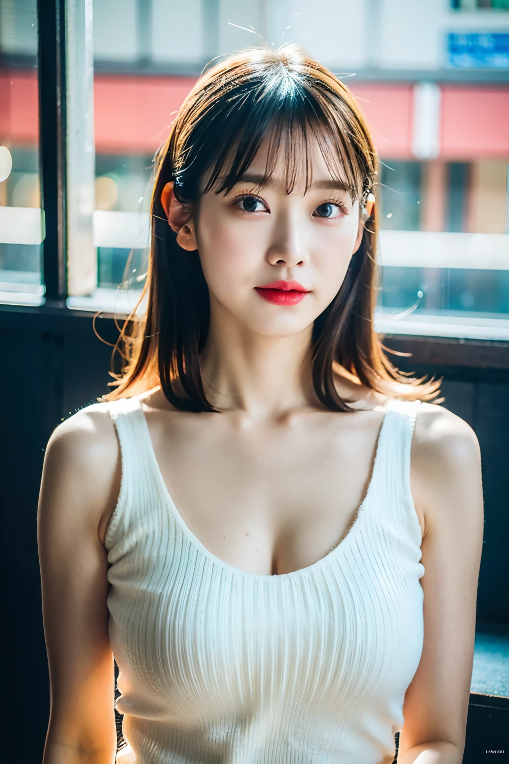 best quality ,masterpiece,ultra high res,(photo realistic:1.4), 1 girl, looking at viewer, Wearing sleeveless knit, korean famous actress, very beautiful,kawaii, Cinematic, 35mm lens, f/ 1. 8, accent lighting, 8k, in Japan, huge breast, big tits, slender waist,