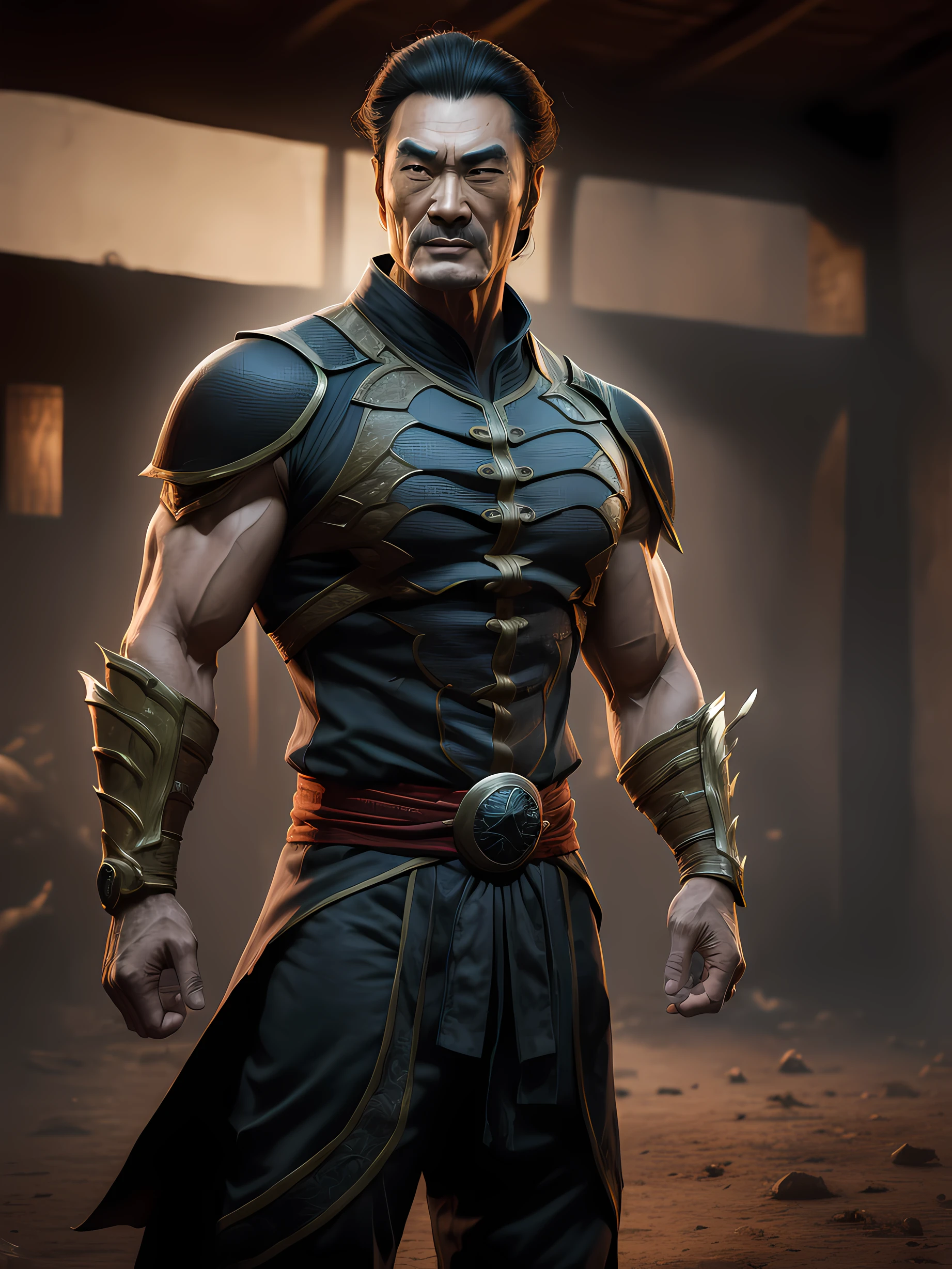 1homem ((Shang Tsung é um personagem da série de jogos de luta Mortal Kombat, Seus poderes incluem se transformar em outros combatentes e absorver as almas dos oponentes)), em um cenário de campo de batalha no meio de um galpão industrial, (Autorretrato com zoom aproximado:1.2), 24mm, (((foco nítido:1.5))), (((profundidade de nitidez:1.5))), (Fotorrealista:1.5), (textura da pele:1), cinematográfico, hiperdetalhado,