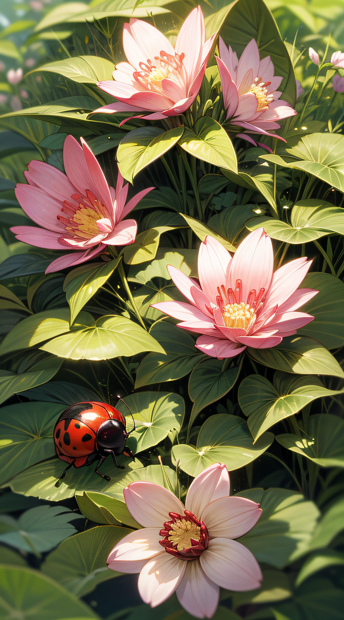 一隻瓢蟲穿過五月花的表面, 鮮豔的紅色與花朵柔和的色調相映襯, 這朵花坐落在鬱鬱蔥蔥的草地上，周圍環繞著其他野花, 柔和的陽光透過樹葉的縫隙, 喚起自然和諧平衡的感覺, 數位插圖, 繪圖板, Adobe 插畫家,