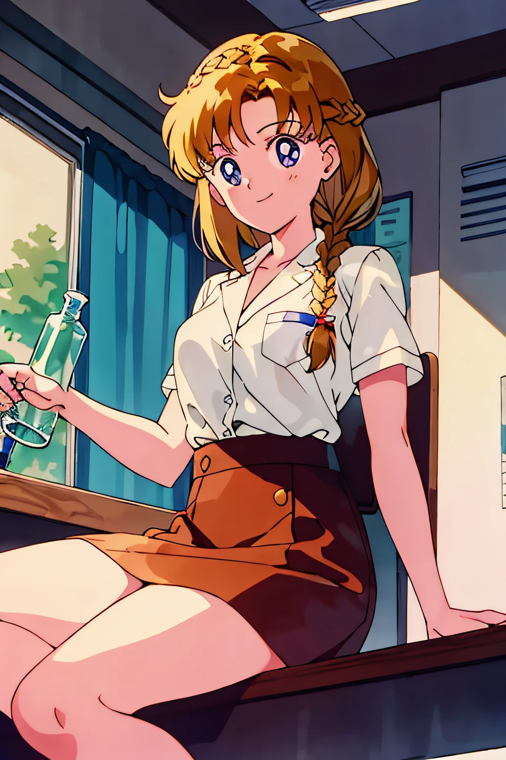 best quality, masterpiece, 1girl, light smile, looking at viewer, dark blonde, long, braided hair, inside laboratory, cowboy shot, sitting on a chair at a work bench, on the work bench there are erlenmeyer flasks