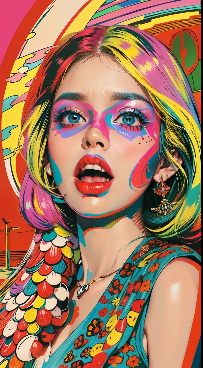 Criar uma obra de arte digital no estilo pop art, apresentando uma mulher quieta e timida com maquiagem ousada e moda colorida a cores frias mais vibrantes, Cinematic Color Scheme, surrounded by red fruit patterns, pinceladas calmas,Humor should be dynamic.