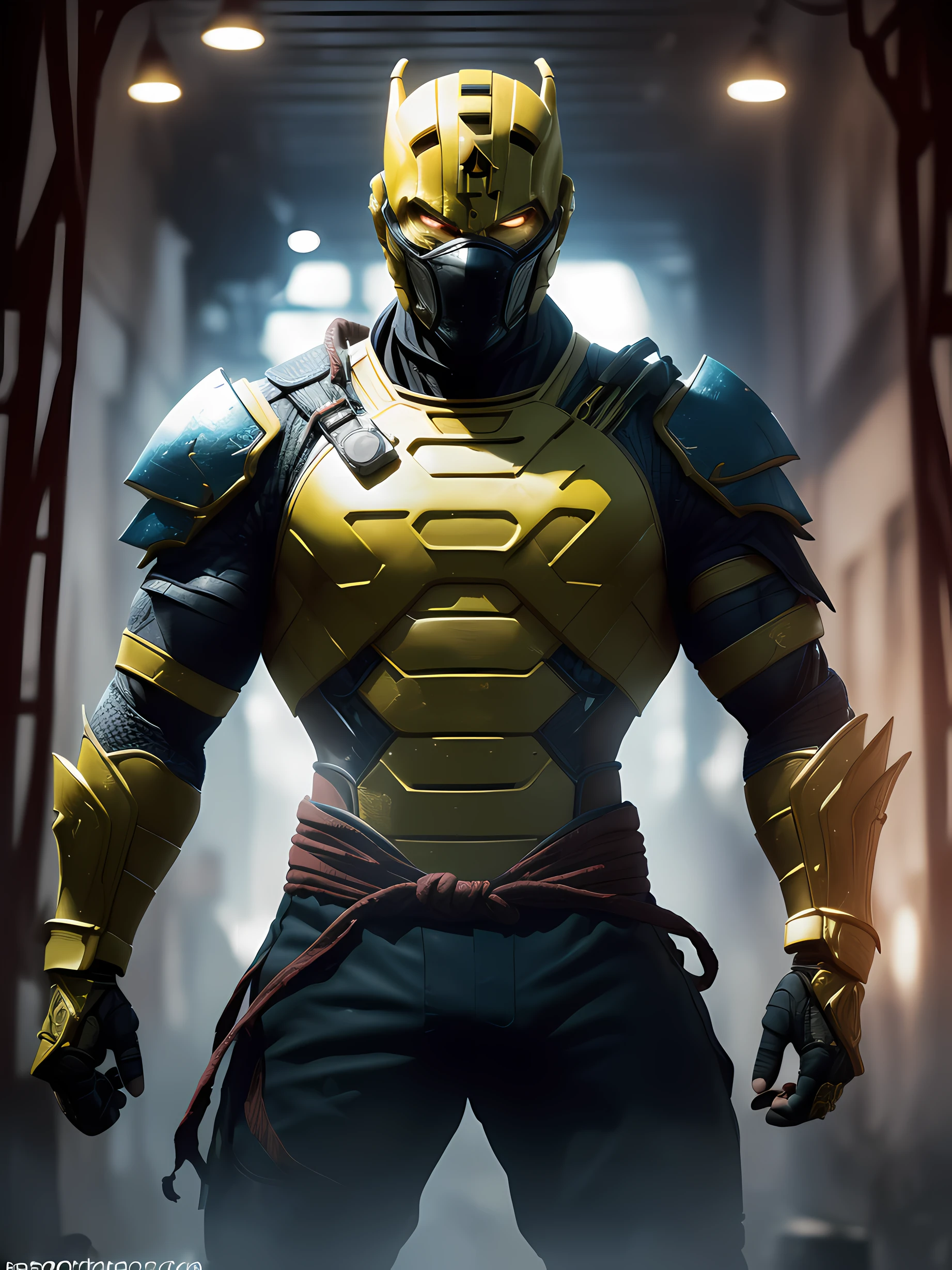 1homem ((Cyrax é um personagem da franquia de videogames Mortal Kombat.Ele foi introduzido inicialmente em Mortal Kombat 3.Ele é um assassino ciborgue de Lin Kuei)), em um cenário de campo de batalha no meio de um galpão industrial, (Autorretrato com zoom aproximado:1.2), 24mm, (((foco nítido:1.5))), (((profundidade de nitidez:1.5))), (Fotorrealista:1.5), (textura da pele:1), cinematográfico, hiperdetalhado,