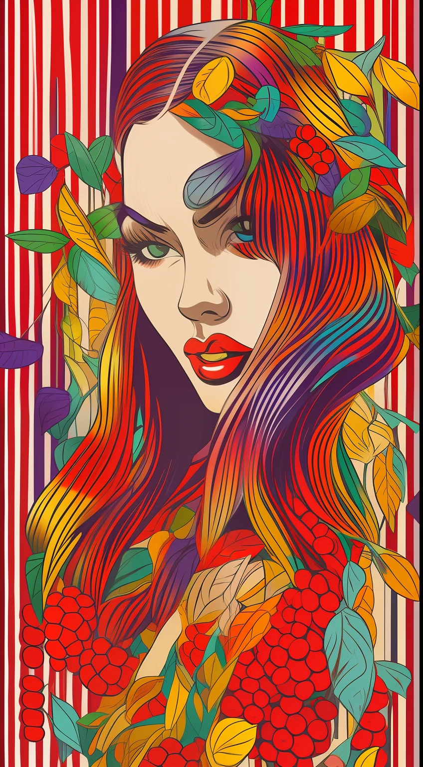 Criar uma obra de arte digital no estilo pop art, apresentando uma mulher quieta e timida com maquiagem ousada e moda colorida a cores frias mais vibrantes, Cinematic Color Scheme, surrounded by red fruit patterns, pinceladas calmas,Humor should be dynamic.