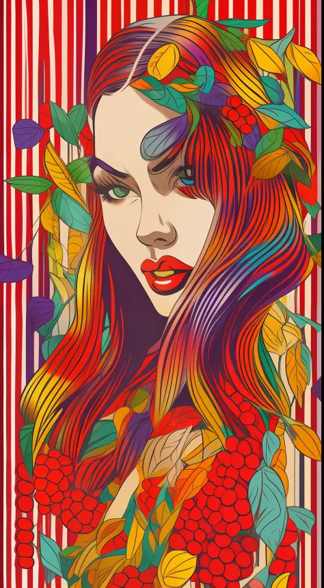 criar uma obra de arte digital no estilo pop art, apresentando uma mulher quieta e timida com maquiagem ousada e moda colorida a...