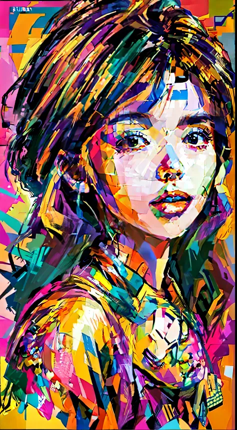 Criar uma obra de arte digital no estilo pop art, apresentando uma mulher quieta e timida com maquiagem ousada e moda colorida a...