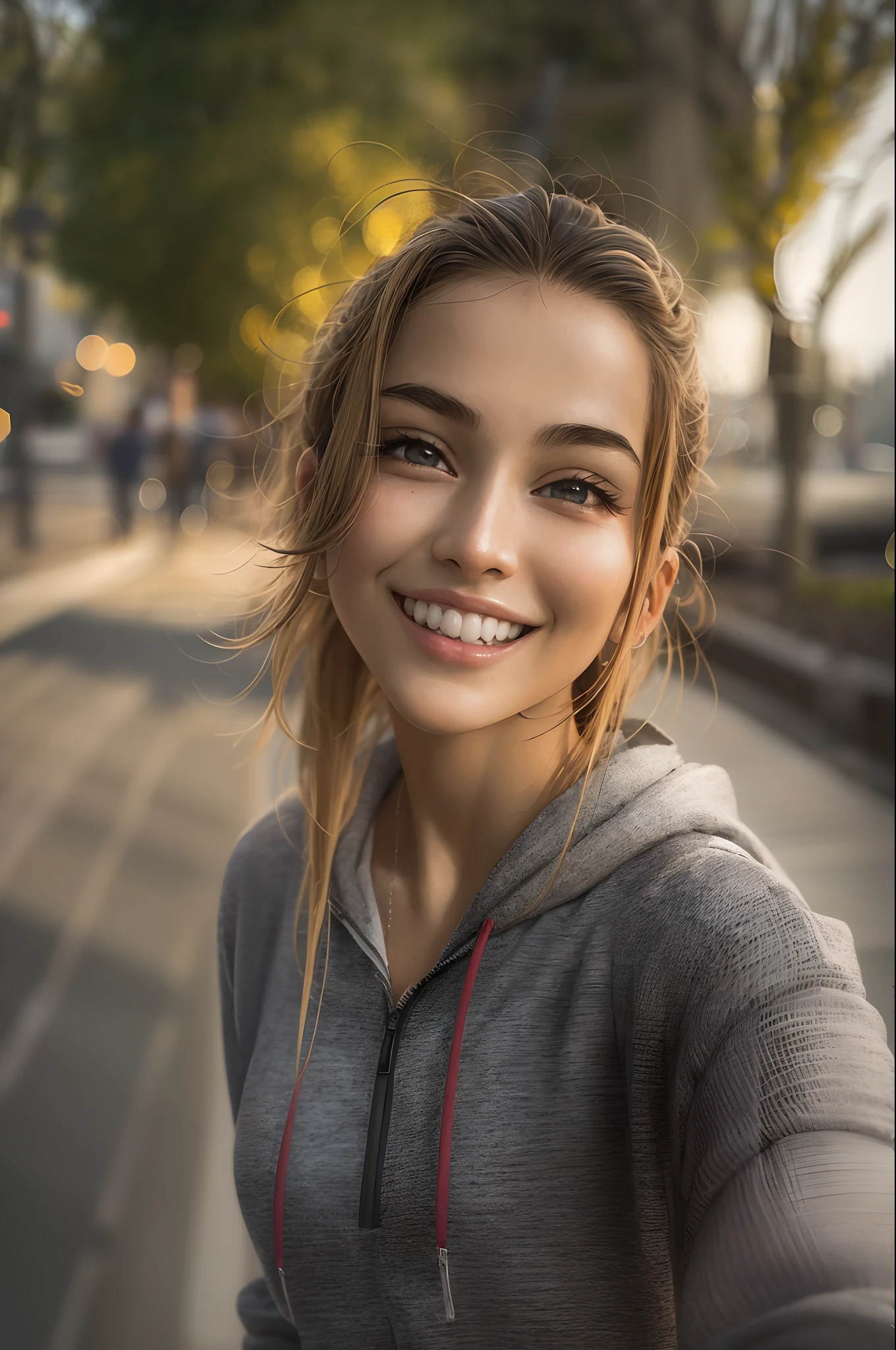 (best quality:1.0), (ultra highres:1.0), selfie, 1 girl, sportswear, grey eyes, detailed beautiful skin, (kind smile:1.0), city, sidewalk, golden hour