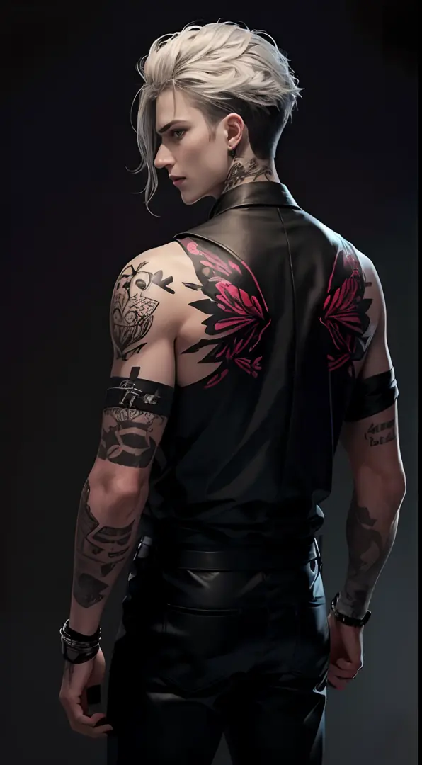 Red lion background，A beauty with delicate facial features，short, Silvery-white messy hair，A bandage covers the chest，Lower leather pants，Wrap your hands with a bandage，Sinister smile，Tattooed with，Turn Back，Butterfly dagger knife in hand，Confused Boy，ultr...