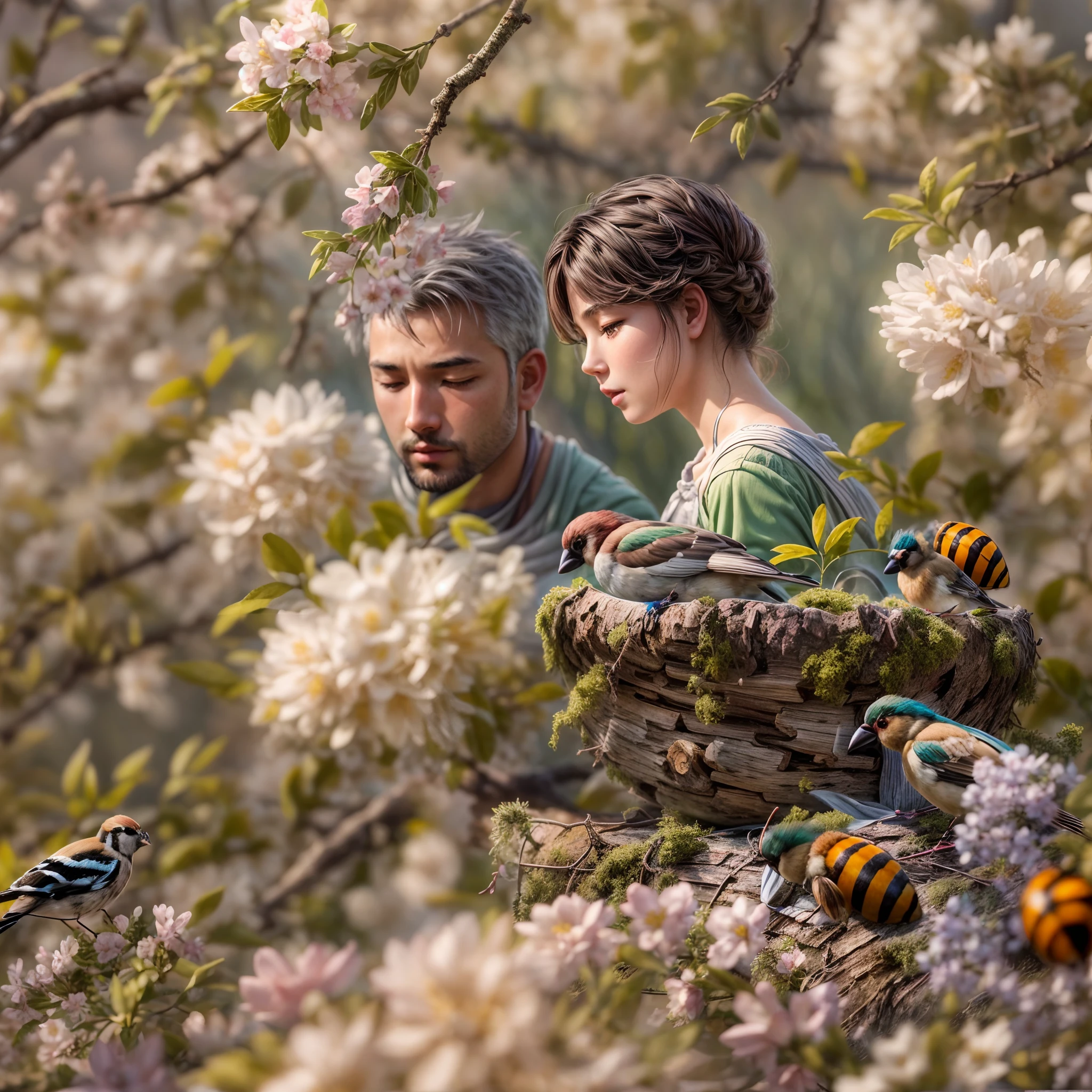 Hyperdetailed Oil painting, ultrawide view, late spring, a (wholesome romantic human couple rest in a meadow of whitethorn bush), (lady bug on flower), vivacious (bee pollinating pink flowers), (chaffinch watching scene from grey mossy nest), masterpiece, masterwork, meticulous, intimate, nuanced, highest quality, highest fidelity, highest resolution, highres, highest detail, hyper-detailed, detail enhancement, deeply detailed, uhd, hdr, fhd, 8k, 16k, 32k, k, caustics, subsurface scattering, High Dynamic Range, Dynamic Tone Mapping, Specular reflection, sub-pixel convolution,