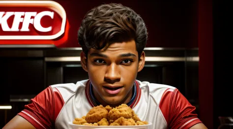 1boy feliz, rosto expressivo, fried chicken pieces from KFC, mesa de um restaurante do KFC, ultra realismo, cinematic lighthing,...