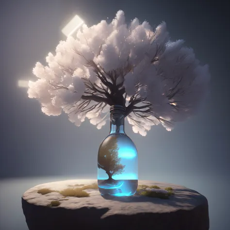 Dreamy art tree in bottle, fluffy, realistic, photo, canon, dreamy, art, colorful leaves and branches, flowers blooming on the head. Ultra-detailed photorealism by Greg Rutkowski - H 1024 W 804 | f1 6 lens mark 2:2 s 3555mm film grain: 1 lifelike high reso...
