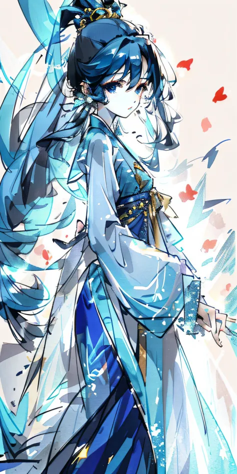 blue long hair，hanfu，blue skirts，big breasts beautiful，tmasterpiece，best quality，long  skirt，floating hair，sad