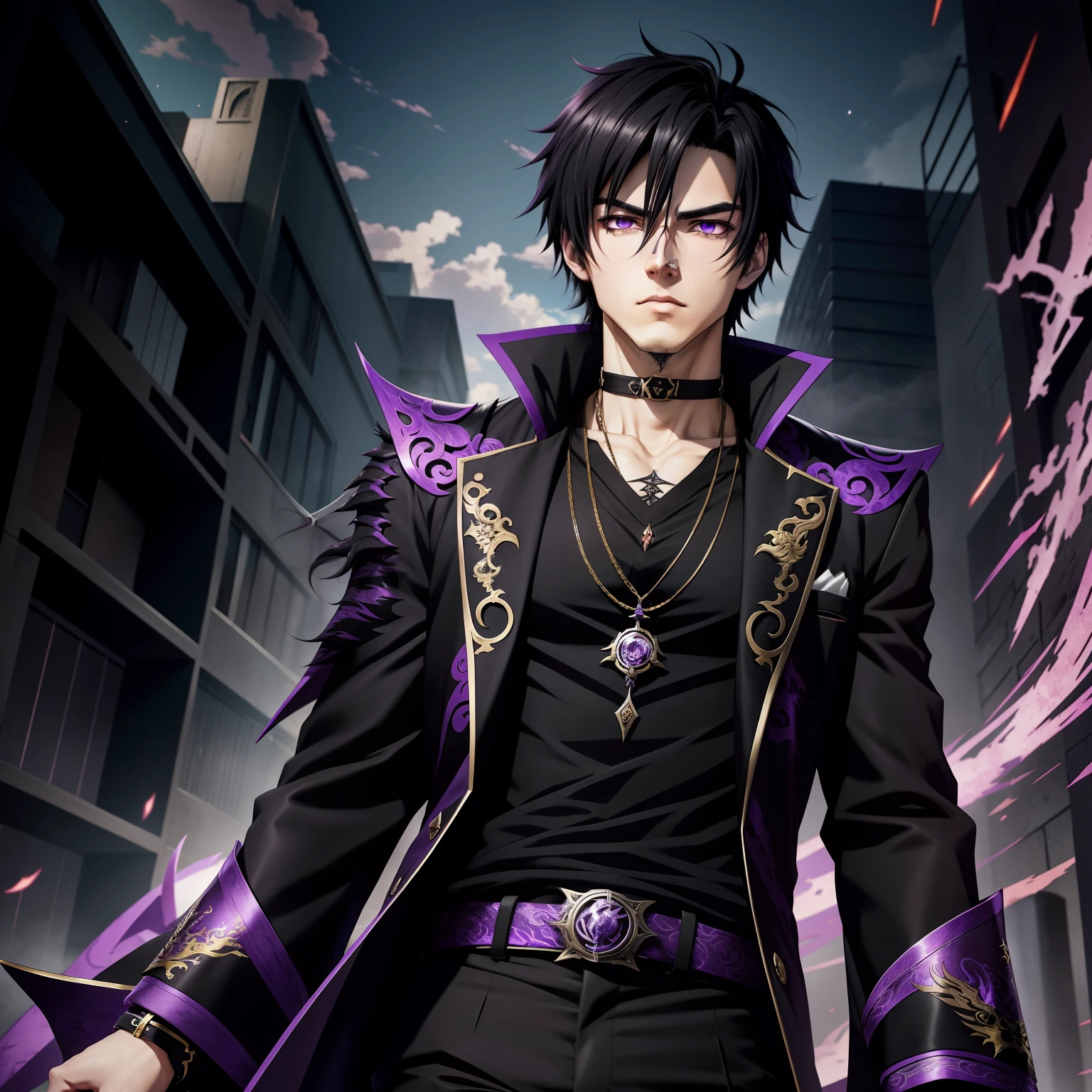 Anime guy in a purple coat and black pants walking down a street ...