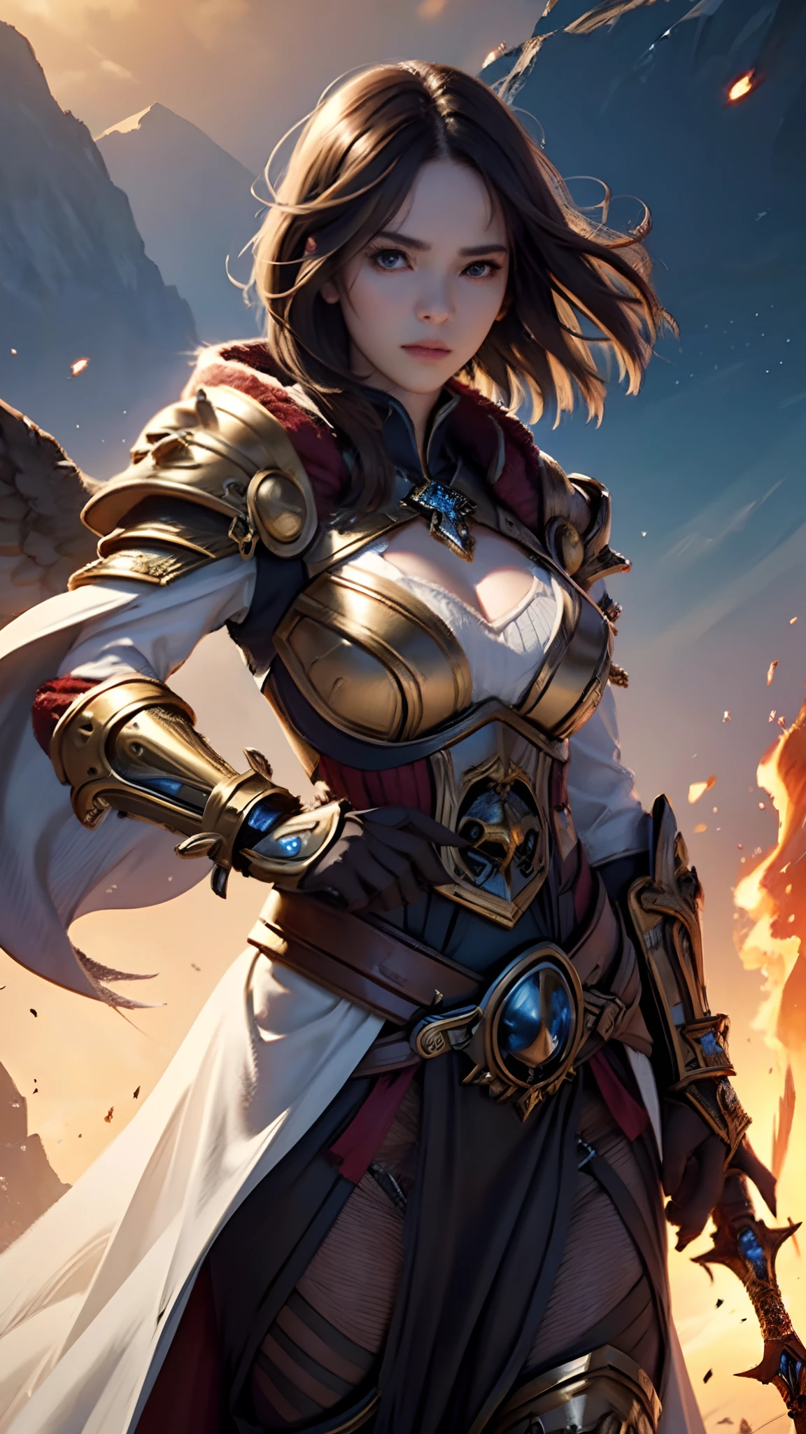 Official Art, Unity 8k Wallpaper, Ultra Detail, Masterpiece, Best Quality, One Woman, (Very Detail), Dynamic Angle, Mystical Expression, Fire Glowing Effect, Fantasy Background, Rim Lighting, Side Light, Cinematic Light, Ultra Definition, 8k UHD, Film Grain,Best Shadow, Delicate, RAW, Light Particles, Detailed Skin Texture, Detailed Gold Armor Texture, Cleavage, Detailed Face, Complex detail, ultra-detailed, bright, strong, white armor, holding a weapon, holding a shield, pole dron, (((brown hair)), very shining black eyes, long red cloak, fantasy, (realistic),