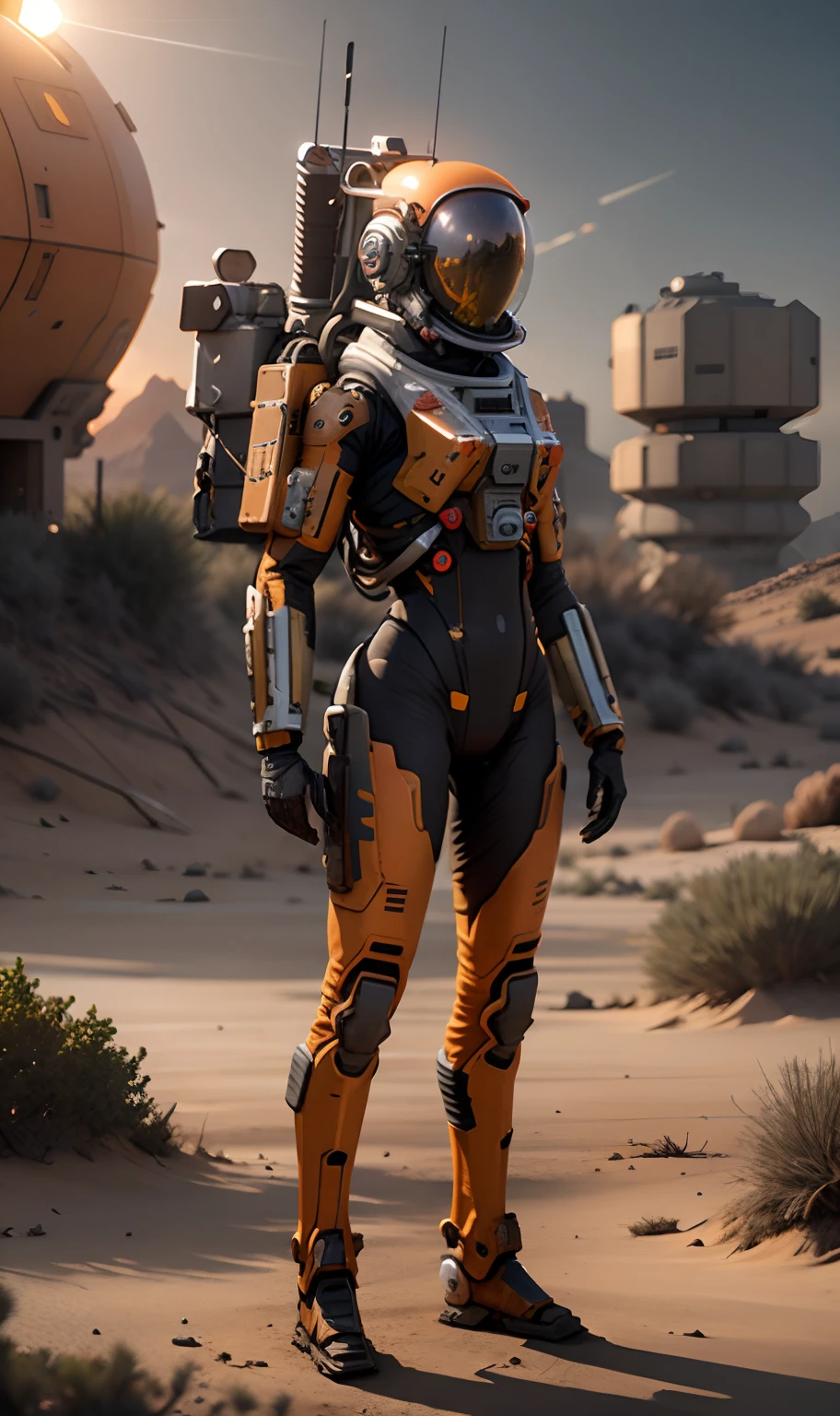 kit bashing, alien landscape, jungle, solitary female astronaut, radio dish antenna, Tangerine Orange, utility belt, Pebble Gray Chrome, sci-fi, masterpiece, 16k, UHD, HDR, the best quality, body-tight suit, intricate, the most fantastic details, cinematic composition, dramatic lighting, full body, celestial bodies in the sky, dead trees, dry bushes, realistic reflections, sunset, a military compound, to scale, , sad, dynamic posture