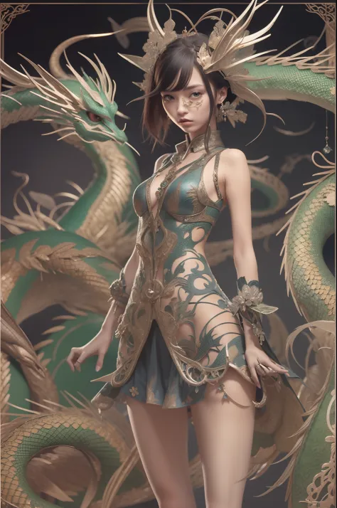 The girl has her back to the camera，Dragon pattern clothes are very noticeable，back Lighting，7 avatar shots