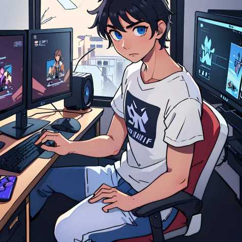 Best quality: 1.0), (Super High Resolution: 1.0), Anime boy, short black hair, blue eyes, sitting in front of computer playing g...
