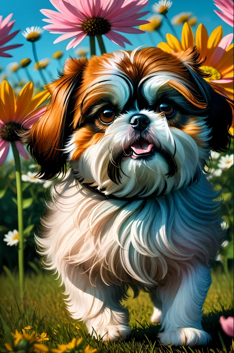 ((anime dog shih tzu running through a field of flowers)))), photorealistic, photo, masterpiece, realistic, realism, photorealis...
