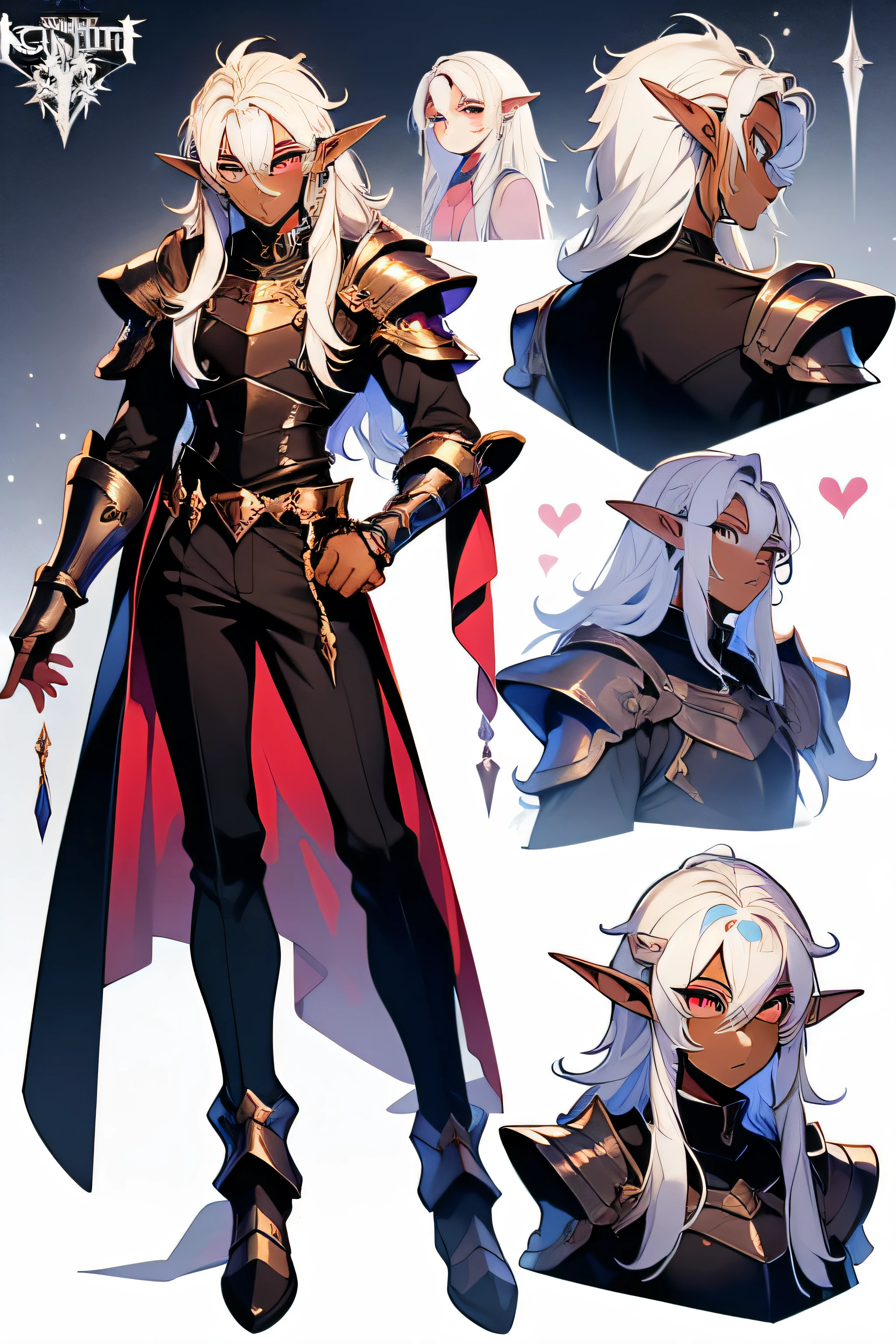 anime, refsheet, anime styled, character design, 2d, knight, male, armor, tall, vampire, long hair, dark skin, white hair, elf ears