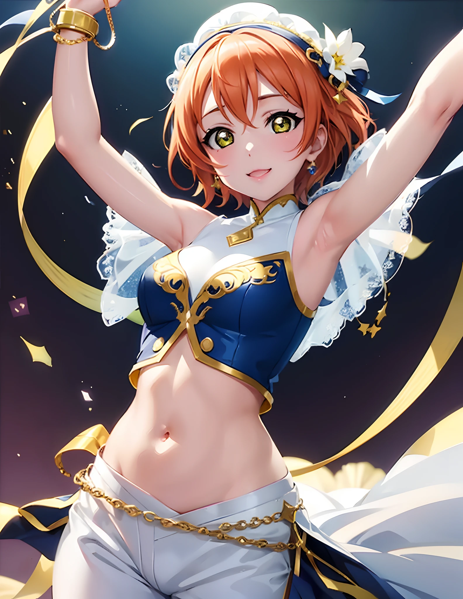 Happy, 8k, super detail, super detail, textured skin, anatomically correct, 8k,love live!, Hoshizora rin,(beautiful detailed eyes), (best quality), (ultra-detailed), (masterpiece), solo, (dynamic pose), 1 girl, wavy medium hair , shiny skin., big eyes, anime, ( lips:0.6), (blue crop top painted with stars), white harem pants,bracelet, jewelry, veil, curvy body , hip veil