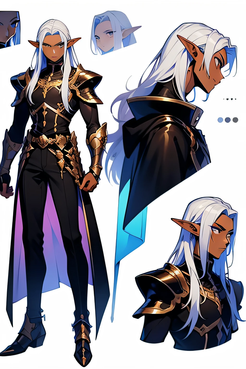 anime, refsheet, anime styled, character design, 2d, knight, male, armor, tall, vampire, long hair, dark skin, white hair, elf ears, head shots, face, muscular and lean