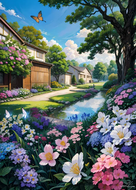 painting of a garden with flowers and a butterfly flying over it, anime countryside landscape, painted in anime painter studio, ...