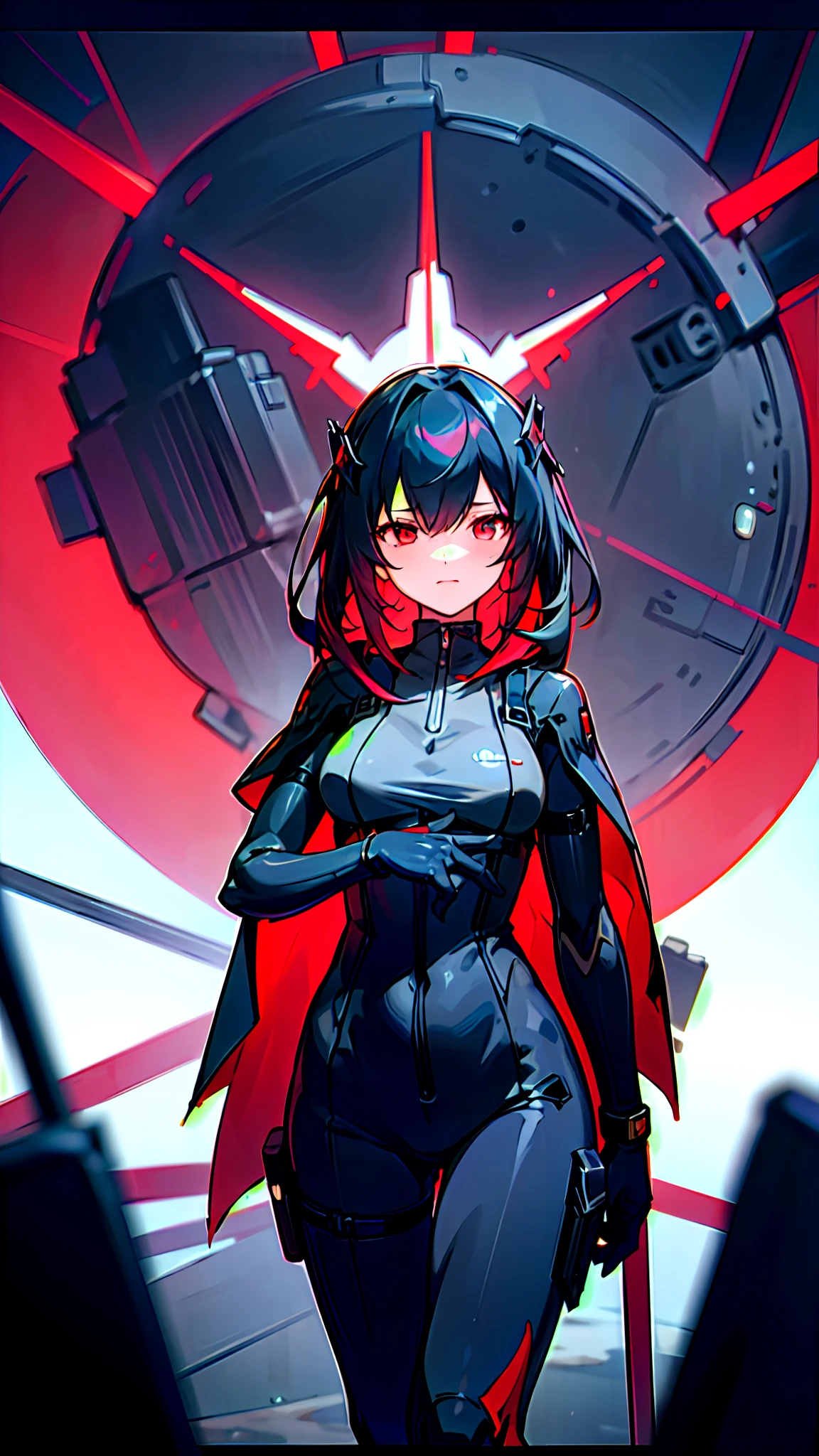 Anime girl in red cape standing in front of a huge clock, From Arknights, trending on artstation pixiv, Badass anime 8 K, style of anime4 K, Anime art wallpaper 8 K, Guweiz on ArtStation Pixiv, 8K high quality detailed art, Anime art wallpaper 4 K, Anime art wallpaper 4k，Chiaroscuro, Ray tracing, Cinematic lighting, Cowboy shot, 8K, Yes, Super detail, ccurate, Best quality, Award-Awarded, Award-Awarded, A high resolution, Masterpiece, High details，Guweiz on ArtStation Pixiv, trending on artstation pixiv, detailed digital concept art, by Yang J, 2. 5 D CGI anime fantasy artwork，hyper HD，8K ，Realistic skin texture，in snow，Clear，tmasterpiece， best qualtiy， 8K， digitial painting， 1girll， 独奏， standing on your feet， hair adornments， Red eyes， ， blood stain， mechanicalparts， electrical wires， electric cables， Failure effect， terroral， sci-fy， A futuristic， background inside dark， neonlight， cyber punk perssonage， hyper realisitc， eerie， unnerving， spine-chilling， terroral， onesie，Red eyes，Venom possession，Blackened，long black gloves，Jumpsuits，Skinny one-piece latex clothing，Highlight her gorgeous figure,Wrap the whole body，symbiote，（（Raised sexy）），onesie，Red eyes，Venom possession，Blackened，long black gloves，Jumpsuits，Black latex clothing，Blood-red eyes，Best quality, high resolution, Ultra-detailed, Vivid texture, Mask, Skinny one-piece latex clothing, bangs,Purple hair，Wear socks，Tears，anklet，washes，Blackened，Wrapped in black slime,A sad expression,Say goodbye to the gaze，Red coat