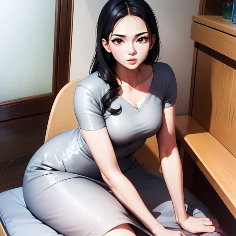 araffe woman in a gray dress sitting on a chair, asian girl, an asian woman, asian women, 2 2 years old, lovely woman, she is ab...