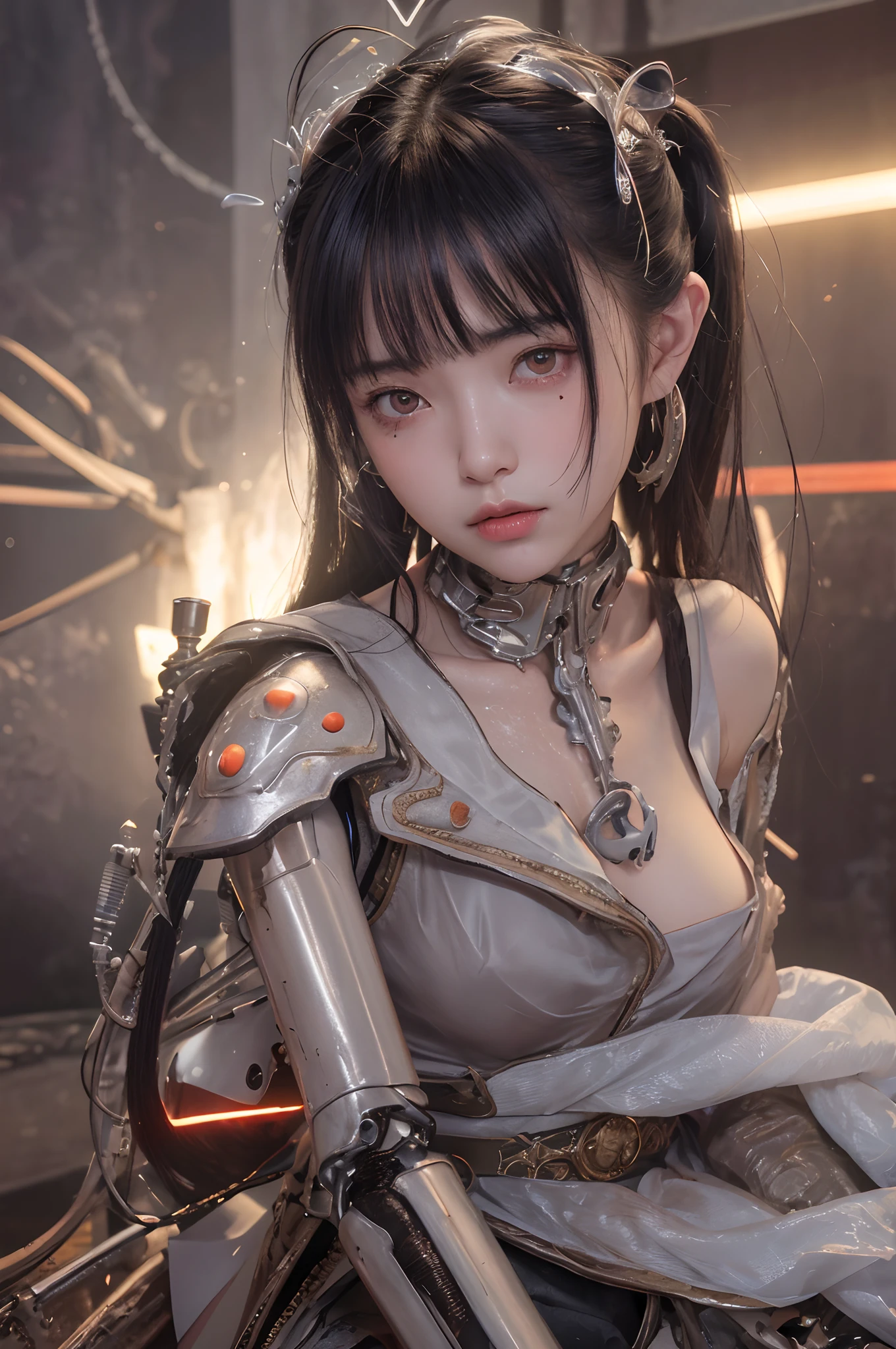 Top quality, Masterpiece, 超高分辨率, (Photorealistic: 1.4), RAW photo, 1 girl, Glossy glossy skin, 1 mechanical girl, (hyper realistic detailed)), Portrait, Global illumination, Shadows, Octane rendering, 8K, ultrasharp, Big, Cleavage Exposed Raw Skin, metal, Intricate Ornament Details, Japan Details, very complex details, Realistic light, CGSoation trend, Orange eyes, Glowing eyes, Facing the camera, neon light detail, Mechanical limbs, Blood vessels connected to the tube, Mechanical vertebrae attached to the back, mechanical cervical attachment to the neck, Sitting, wires and cables connecting to head, gundam, Small LED lamps,