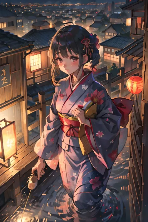 Yukata beauty、Beautiful yukata dressing、A Japanese style、Dainty look、Woman in her 20s、Night festival、sparklers、Soft light awn、Flying fireworks、Elegant townscape、The brilliance of the surface of the water、Cool breeze、Fluorescent light --auto