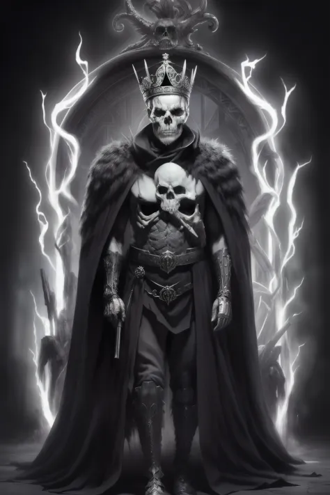 guttonervision8, demonic divine, a white skull with black hair and a crown on it's head,a skeleton dressed in black holding a sc...