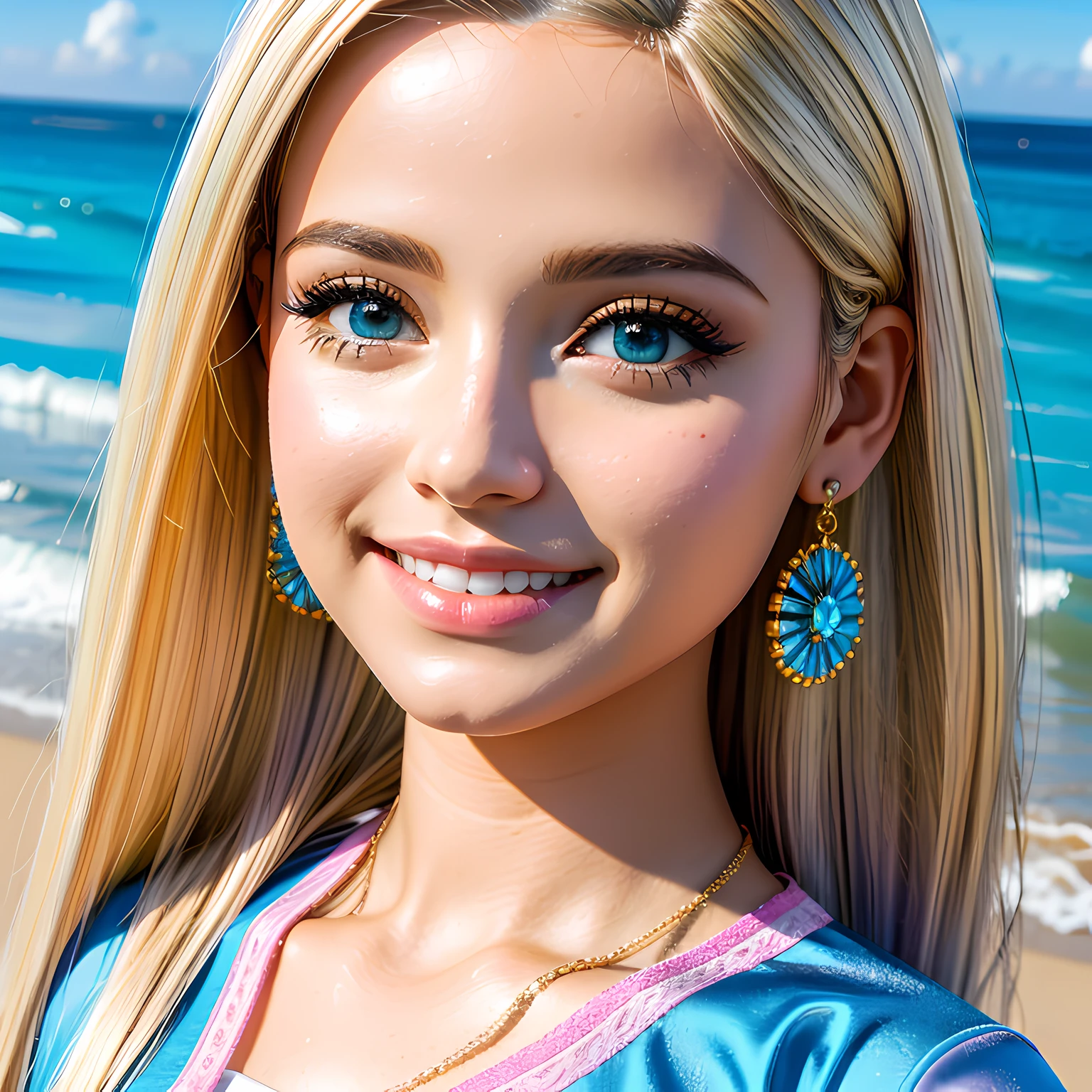 Barbie acenado, (joias:1.2),brinco, colar, pulseira, fundo praia sol, (8k, melhor qualidade, obra-prima:1.2), (realista, fotorrealista:1.37), detalhado, 1 garota, beautifulsky,(sorriso:1.15), (boca fechada) , belos olhos azul, (vestido rosa:1.1), (cabelo loiro:1.2), cabelo longo