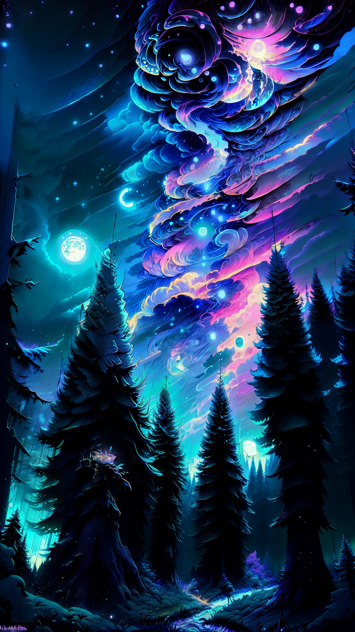 天空中滿月與星星的森林景觀, 🌲🌌, 森林和月亮, 夜間森林, 森林裡的夜晚, 月光森林, 夜晚的森林, 夢之夜, 夜間自然景觀, 月夜如梦的氛围, 神秘之夜, 寧靜的森林夜景, 魔法森林背景, 樹木和星星背景
