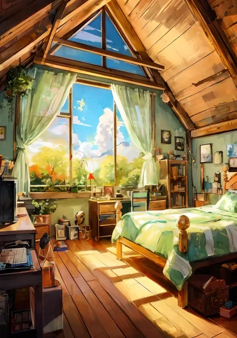 painting of a bedroom with a bed and a desk in it, bedroom in studio ghibli, anime background art, anime background, a sunny bedroom, personal room background, studio ghibli sunlight, anime scenery, background art, painting of a room, interior background a...
