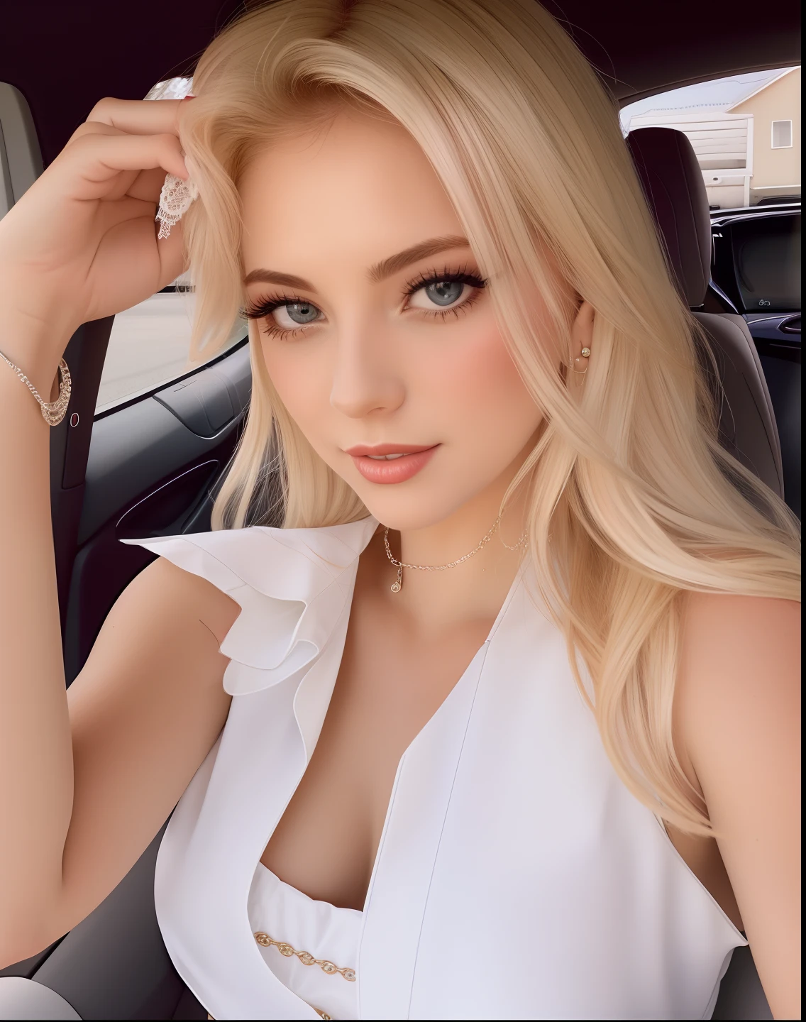 Blonde woman in white dress sitting in car with her hand on her head,  seductiv, breasts big,  fleshy lips, undress, new, delicious, surrealistic, prettify, 8K, futuristic