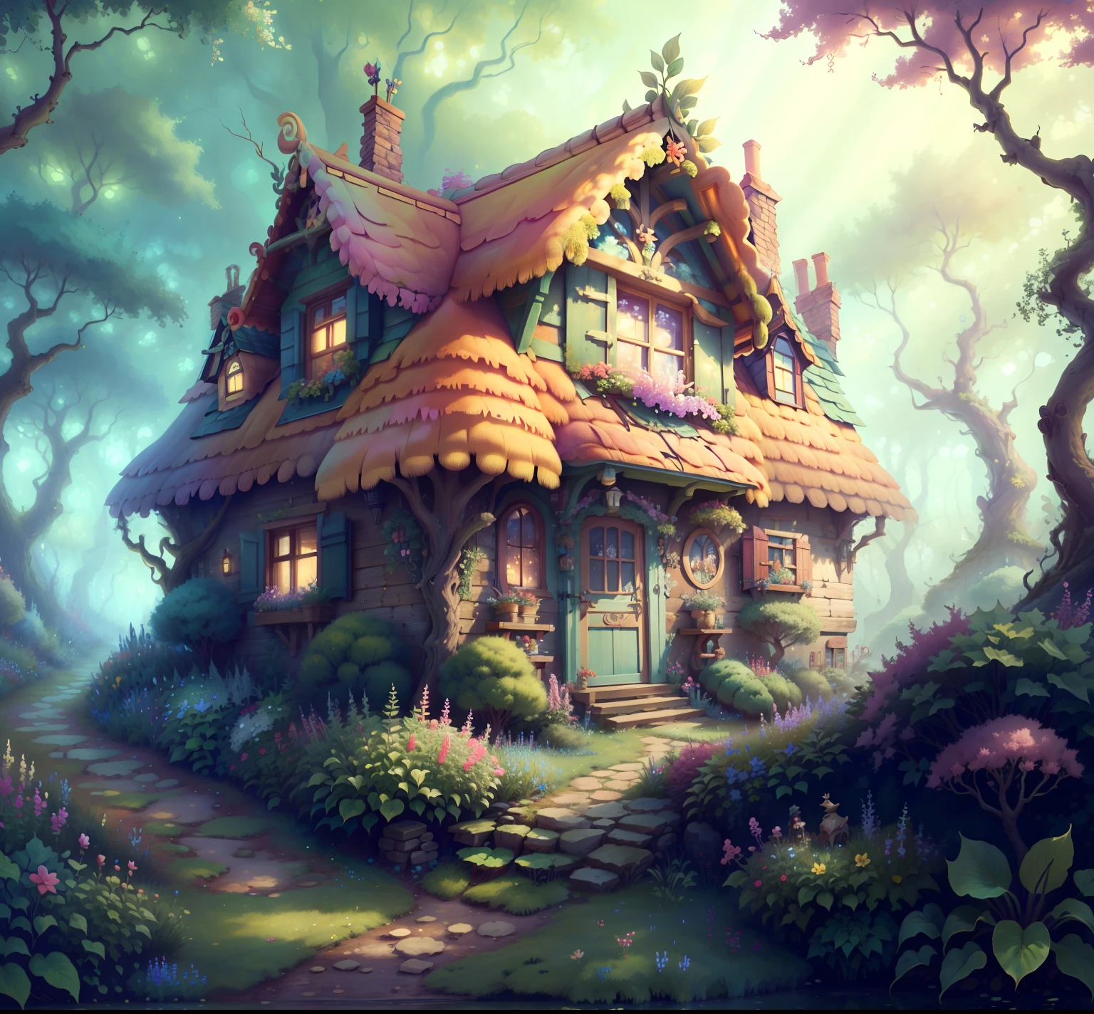 Fairy TaleAI Masterpiece, Tendances, 8k .The cottage was nestled among the trees and surrounded by a beautiful garden filled with colorful flowers.