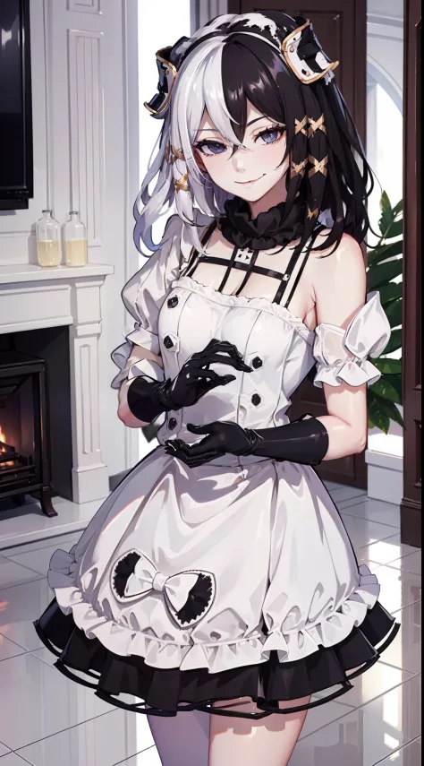 french maid, maid outfit, inside, house, living room, naughty smile, domineering smile, arrogant expression, cocky attitude, mas...