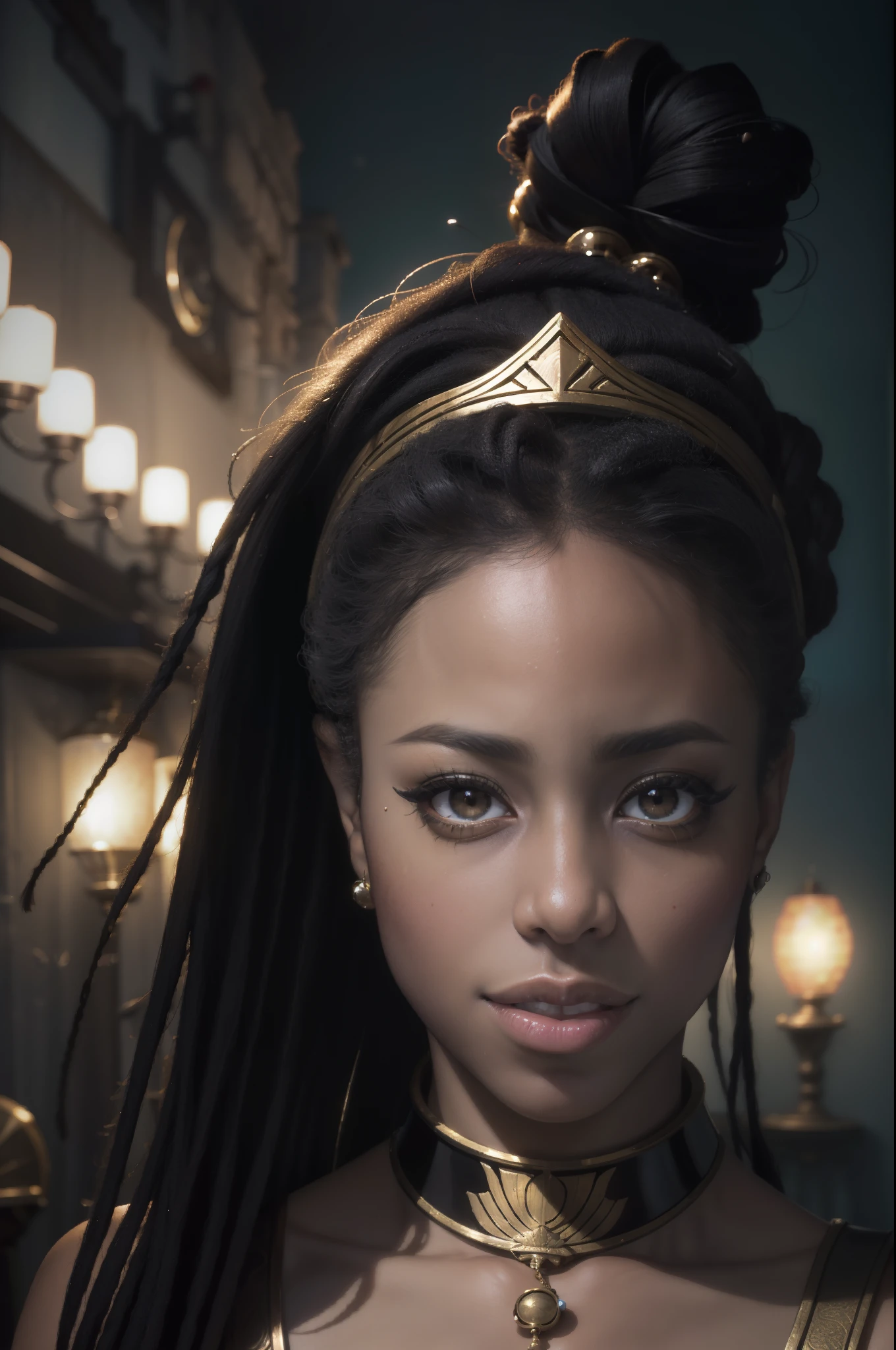 a beautiful KIRANOIR,  (black cleopatra hair:0.9), (warrior princess:1.2), (African culture:1.2), tcg artwork, fantasy character, [trading card game art], realism, perfect rendered face, perfect face details, realism, perfect rendered face, perfect face details, oil on canvas, hyper real, photography, professional, canon camera, nikon camera, sharp, bokeh, studio quality, fisheye lens, delighted, by Steve McCurry, by Ilia Repin, by Robert Capa