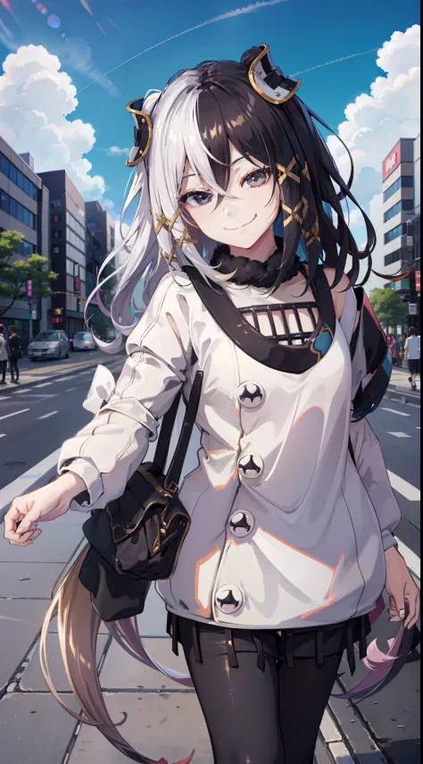 casual outfit, city, tokyo, colorful, clouds, sunny, outside, naughty smile, domineering smile, arrogant expression, cocky attit...