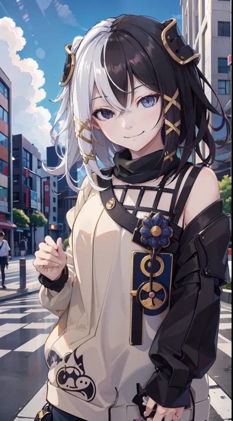 casual outfit, city, tokyo, colorful, clouds, sunny, outside, naughty smile, domineering smile, arrogant expression, cocky attit...