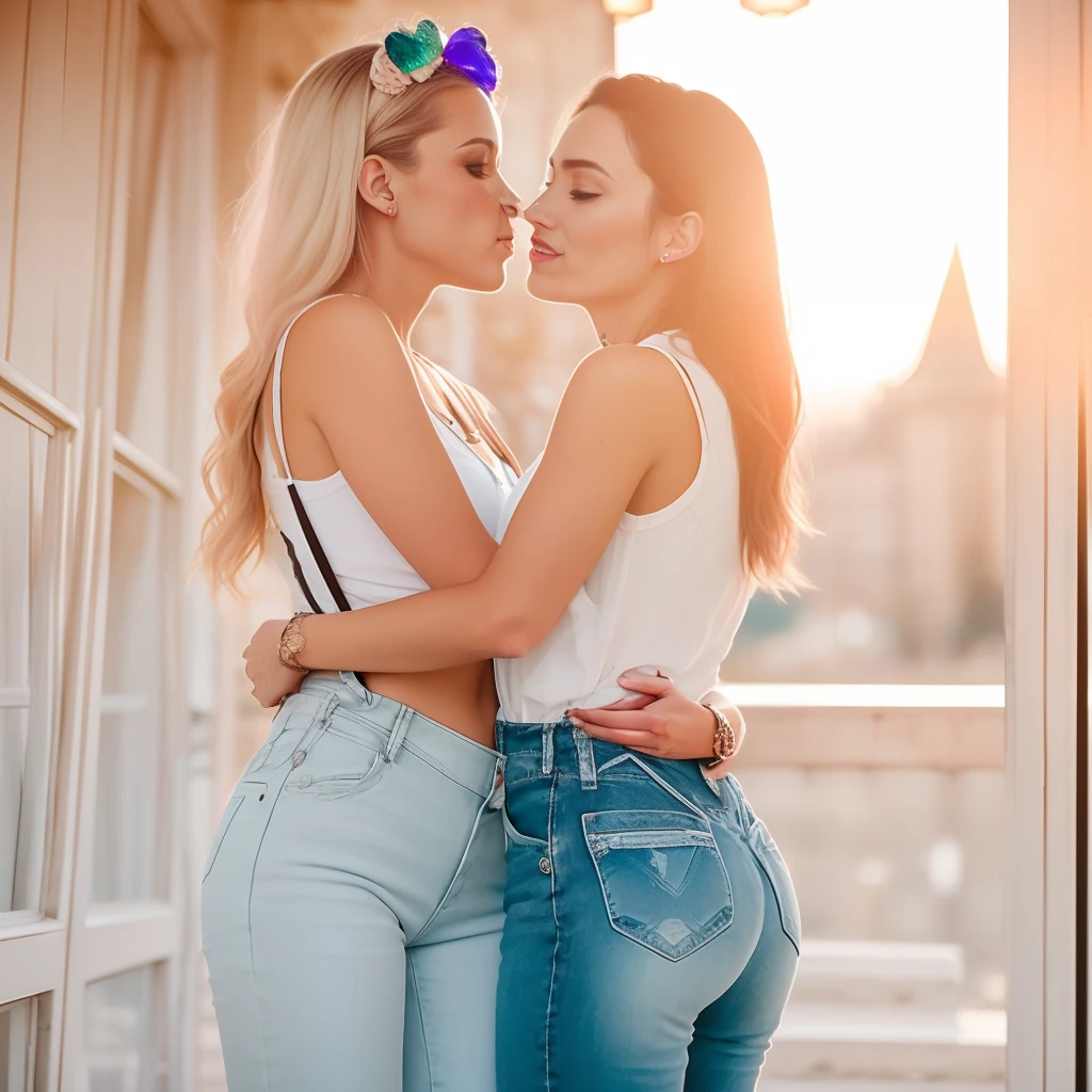 Two women in jeans are kissing each other on a balcony - SeaArt AI