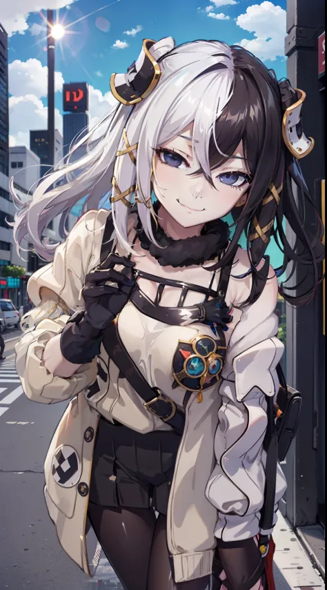 casual outfit, city, tokyo, colorful, clouds, sunny, outside, naughty smile, domineering smile, arrogant expression, cocky attit...