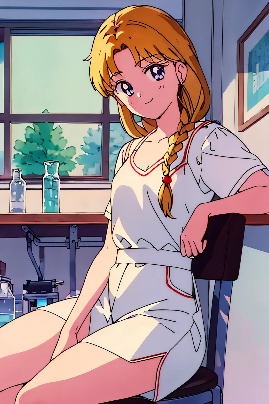 best quality, masterpiece, 1girl, light smile, looking at viewer, dark blonde, long, braided hair, inside laboratory, cowboy shot, sitting on a chair at a work bench, on the work bench there are erlenmeyer flasks, Luna P