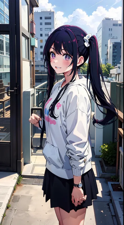 happy expression, smile, twin tails, casual outfit, city, tokyo, colorful, clouds, sunny, outside, masterpiece, best quality