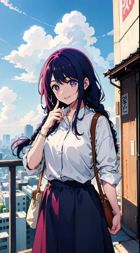 happy expression, smile, long braid, casual outfit, city, tokyo, colorful, clouds, sunny, outside, masterpiece, best quality