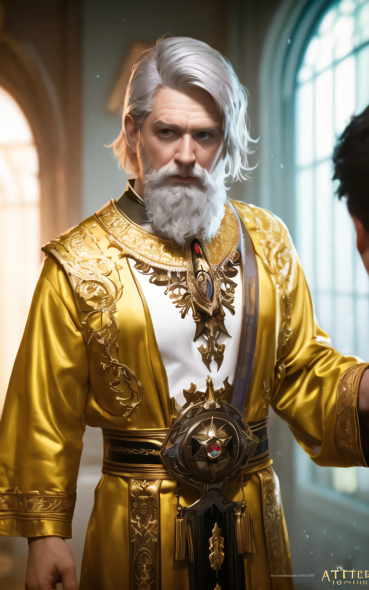 (masterpiece), (extremely intricate), photorealistic photo of a handsome male wizard, short beard, white wizard shirt with golden trim, white robe moving in the wind, long white hair, fully clothed, perfect face, handsome, (perfect composition:1.4), deviantart hd, artstation hd, concept art, detailed face and body, award-winning photography, margins, detailed face, professional oil painting by Ed Blinkey, Atey Ghailan, Jeremy Mann, Greg Manchess, Alex Gray, trending on ArtStation, trending on CGSociety, intricate, high detail, sharp focus, dramatic, award winning matte drawing cinematic lighting octane render unreal engine volumetrics dtx