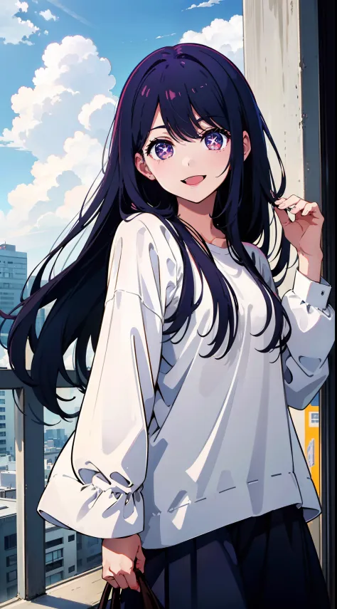 long hair, city, sunny, clouds, tokyo, casual outfit, happy expression, smile, masterpiece, best quality, star-shaped pupils